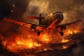 Airplane in the flames of a fire. 3D illustration, The plane crashed to the ground, AI Generated