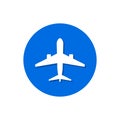 Airplane flat icon round blue background. Vector isolated plane icon Royalty Free Stock Photo