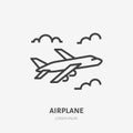 Airplane flat line icon. Vector sign of plane flying in clouds, aircraft travel outline logo