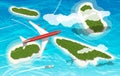 Airplane flies above few tropical islands Royalty Free Stock Photo