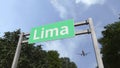 Airplane flies above road sign of Lima, Peru. 3D rendering