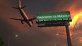 Airplane flies above WELCOME TO MEXICO highway sign in the evening, 3d rendering