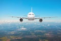 Airplane flies over the city town exactly in the center, a view of the cockpit of pilots. Royalty Free Stock Photo