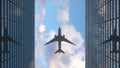 Airplane flies over office skyscrapers against a beautiful blue clouds. 3d rendering Royalty Free Stock Photo