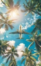Airplane flies over the tropical palm trees against the blue sky Royalty Free Stock Photo