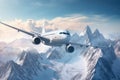 Airplane flies over winter mountains at sunset, vacation, fly at sunset. Night flights. generative ai