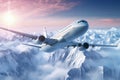 Airplane flies over winter mountains at sunset, vacation, fly at sunset. Night flights. generative ai