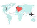 An airplane flies over a world map. Dotted line route in the shape of a heart to the flight location. Concept of love Royalty Free Stock Photo