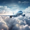 an airplane flies in the sky above a thick layer of clouds Royalty Free Stock Photo