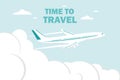 Airplane flies in the sky and cloud on blue background. Concept time to travel. Vector in flat style. Vector Royalty Free Stock Photo