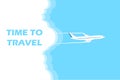 Airplane flies in the sky and cloud on blue background. Concept time to travel. Vector in flat style. Vector illustration Royalty Free Stock Photo