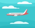 Airplane flies in the sky. Side view. Cartoon vector illustration Royalty Free Stock Photo