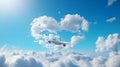 AI generated. An airplane flies through a white heart-shaped cloud in a clear blue sky. Royalty Free Stock Photo