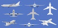 Airplane flight. Aircraft plane in front, side and top view, passenger plane or cargo service aircraft. Flying airplane