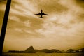 Airplane in flight over the city of Rio de Janeiro