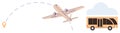 Airplane in flight path approaching destination marker next to a parked bus under a cloud Royalty Free Stock Photo