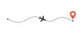 Airplane flight path to location mark. Plane route line. Tourism and travel illustration