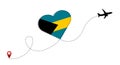 Airplane flight route with Bahamas flag inside the heart.