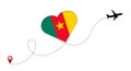 Airplane flight route with Cameroon flag inside the heart.