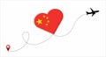 Airplane flight route with the China flag inside the heart. Travel to your beloved country. Vector flat illustration