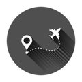 Airplane flight route icon in flat style. Travel line path vector illustration on black round background with long shadow. Dash Royalty Free Stock Photo