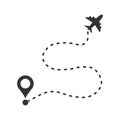 Airplane flight route icon in flat style. Travel line path vector illustration on white isolated background. Dash line trace