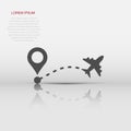 Airplane flight route icon in flat style. Travel line path vector illustration on white isolated background. Dash line trace Royalty Free Stock Photo