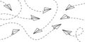 Airplane Flight Route Line Path And Destination Point. Paper Planes Travel Dash Line, Vector White Pattern Background
