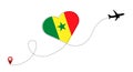 Airplane flight route with Senegal flag inside the heart.