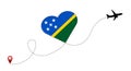 Airplane flight route with Solomon Islands flag inside the heart.