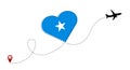 Airplane flight route with Somalia flag inside the heart.