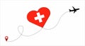 Airplane flight route with the Switzerland flag inside the heart. Travel to your beloved country. Vector illustration