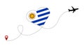 Airplane flight route with Uruguay flag inside the heart