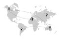 Airplane Flight Route On World Map With Dotted Line Path And Location Pin. Vector.