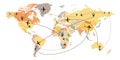 Airplane flight route on world map. Linear flight of the aircraft with the starting points and traces of the dash line. Flat style