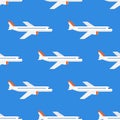 Airplane flight seamless pattern. Wallpaper with aviation in air. Vector illustration