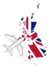 Airplane flight travel to England flag map Royalty Free Stock Photo