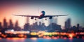 Airplane In Flight At Twilight With Blurred Cityscape. Royalty Free Stock Photo