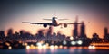 Airplane In Flight At Twilight With Blurred Cityscape. Royalty Free Stock Photo