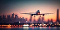 Airplane In Flight At Twilight With Blurred Cityscape. Royalty Free Stock Photo