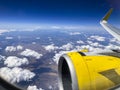 Airplane flight. Wing of an airplane flying above the clouds and sea in La Palma, Canary Islands. View from the window of the Royalty Free Stock Photo