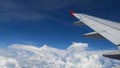 Airplane flight. wing of an airplane flying above the white clouds and blue sky. beautiful aerial view from the window Royalty Free Stock Photo