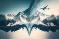 airplane flights double exposure flight over snow-capped mountains