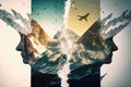 airplane flights double exposure flight over snow-capped mountains