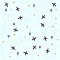 Airplane flights pattern. Plane travel, avia traveling routes and aviation vector seamless background