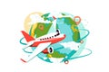 Airplane fly around world globe, explore planet