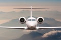 Airplane fly over clouds and Alps mountain on sunset. Front view of a big passenger or cargo aircraft, business jet Royalty Free Stock Photo