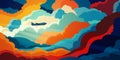 Airplane flying above beautiful clouds in sunset or sunrise light. Travel concept.