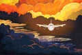 Airplane flying above beautiful clouds in sunset or sunrise light. Travel concept.