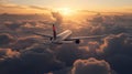 Airplane flying above the clouds at sunset, Generative AI illustrations Royalty Free Stock Photo